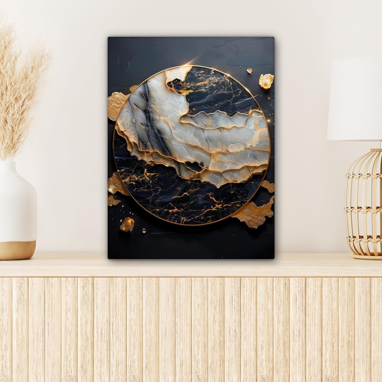 Gold Black Abstract Canvas Wall Art 30x40cm Framed Modern