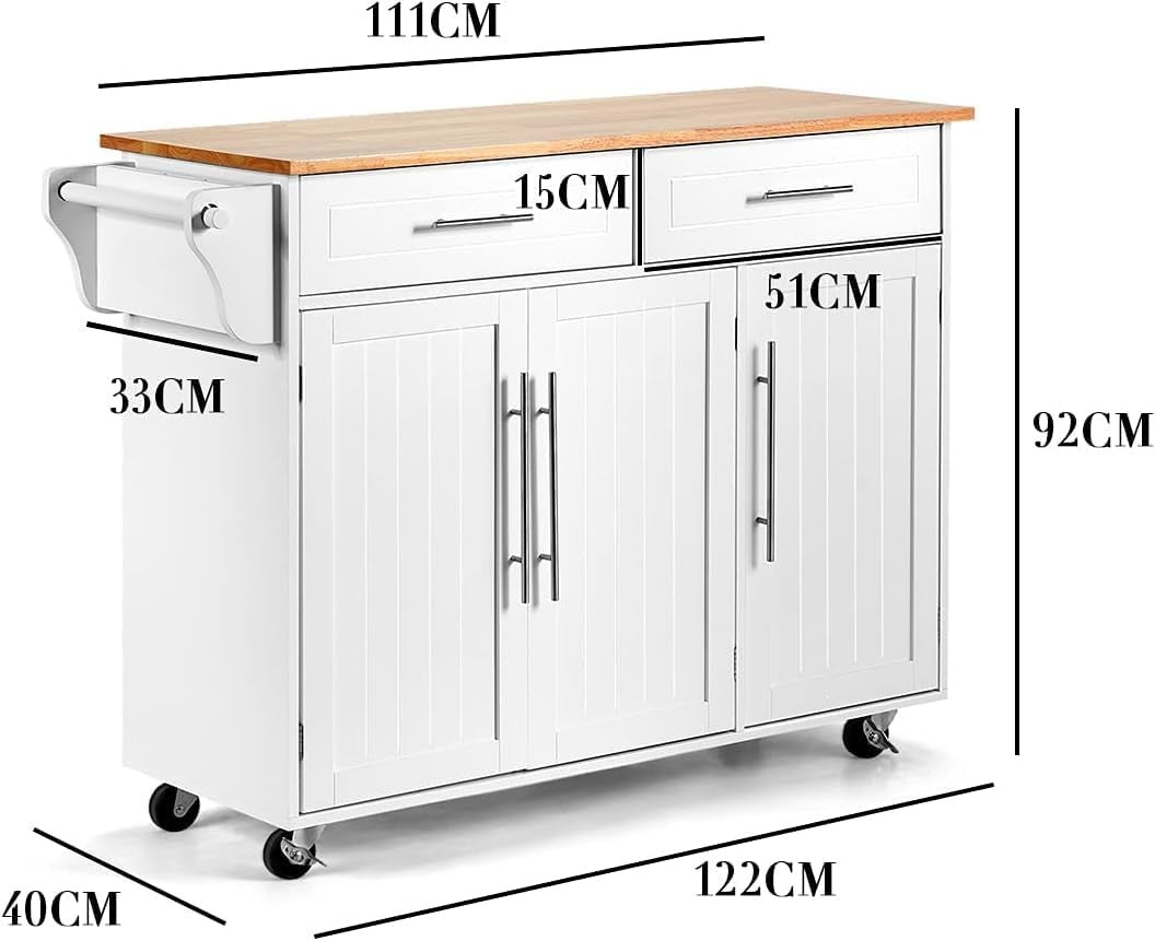 Kitchen Island Trolley on Wheels Storage Cabinet Drawers Knife Rack White