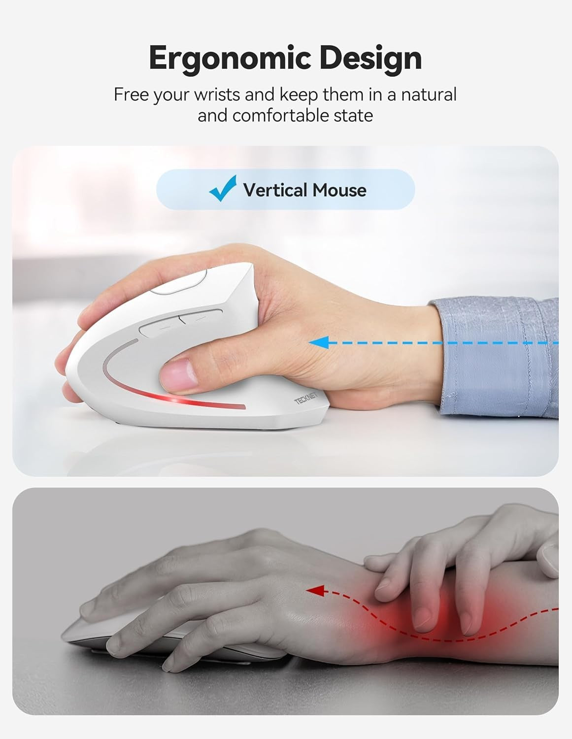White Vertical Ergonomic Mouse Bluetooth Rechargeable 4800 DPI