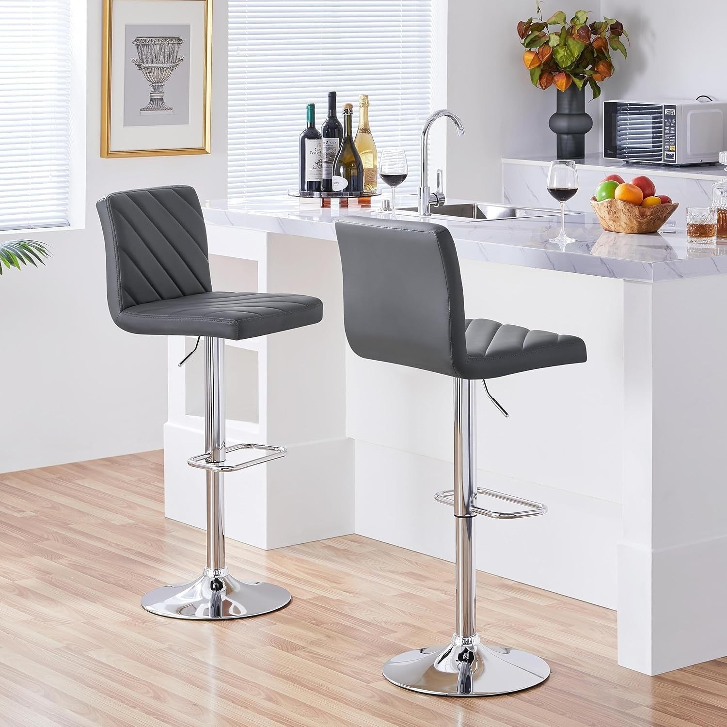Dark Grey Adjustable Swivel Bar Stools Set of 2 Faux Leather Chairs