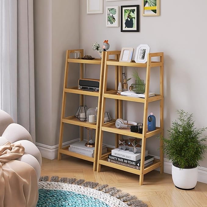 4 Tier Bamboo Ladder Shelf Freestanding Storage Rack for Living Room & Bathroom
