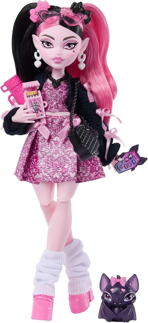 Pink Bow Fashion Doll with Pet Bat 7 Accessories Cute Outfit