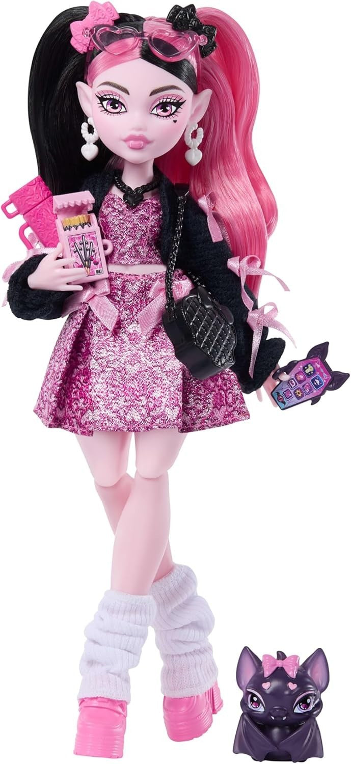 Pink Bow Fashion Doll with Pet Bat 7 Accessories Cute Outfit