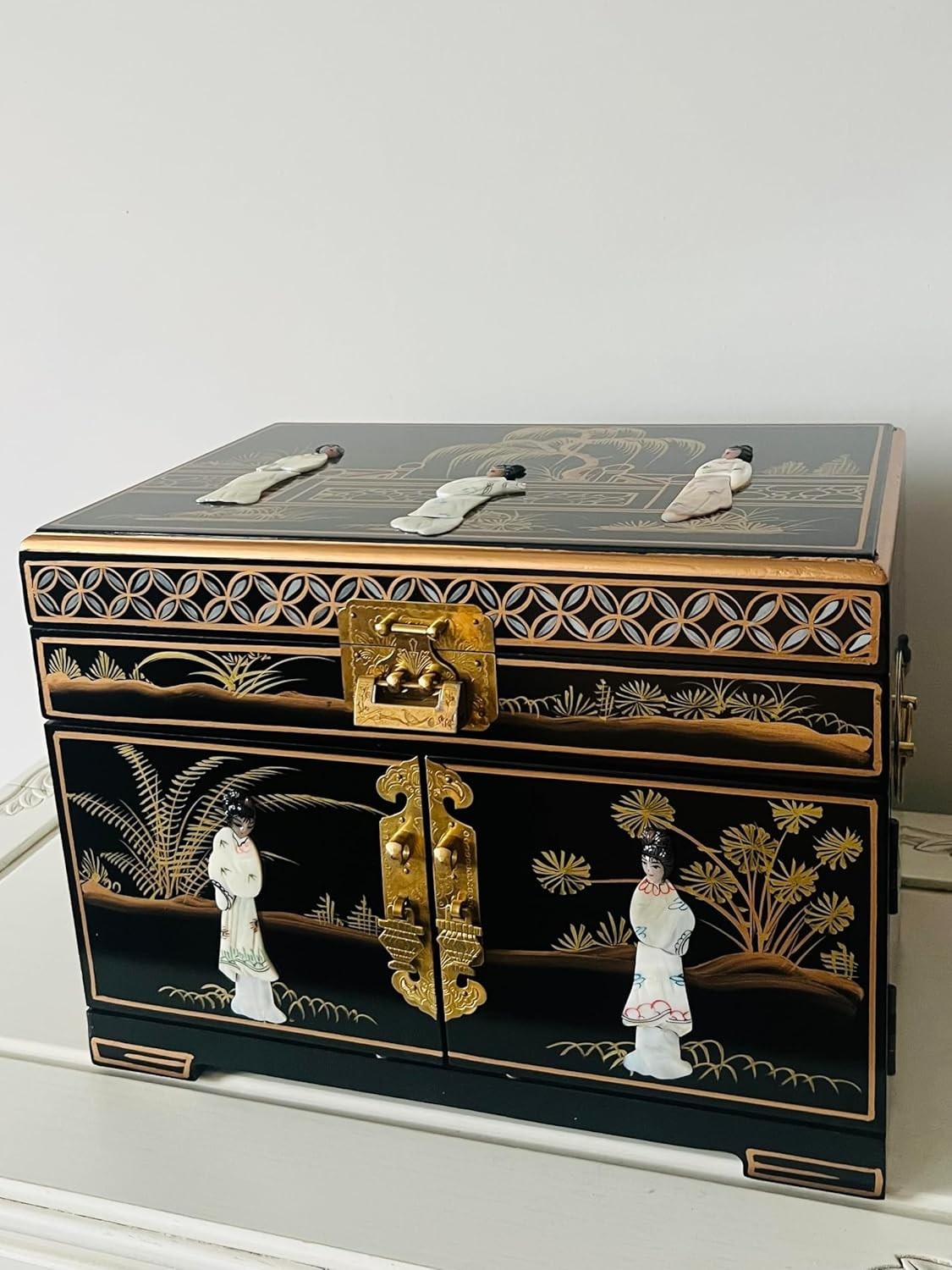 Black Chinese Jewellery Box Hand Painted Mother of Pearl Lockable