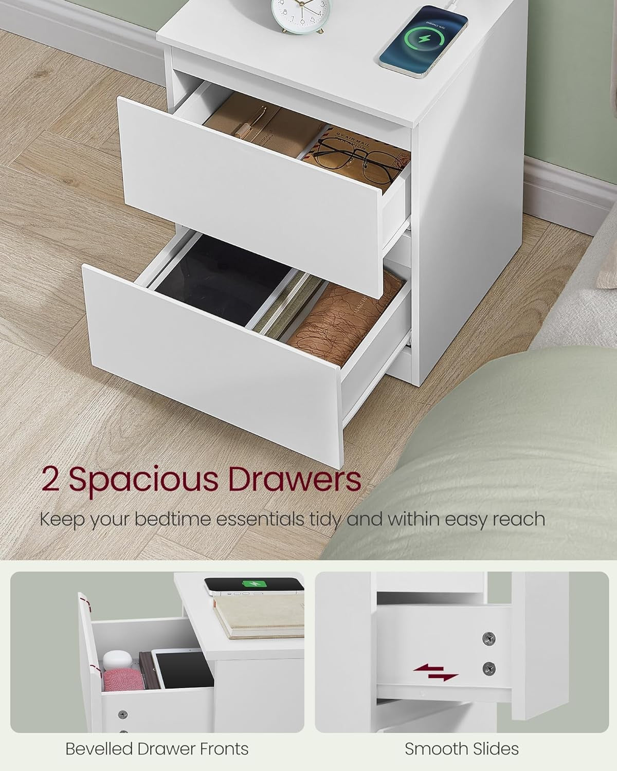 White Bedside Tables Set of 2 with Charging Station & Drawers Modern Nightstands