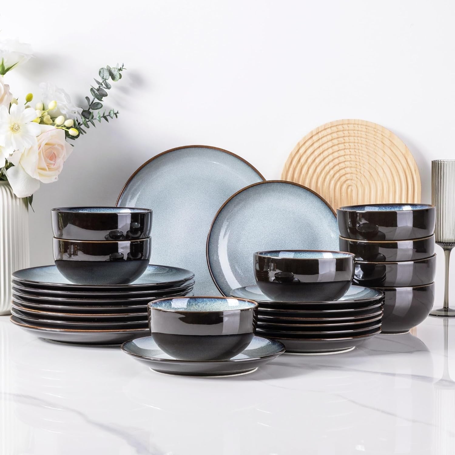 18 Piece Stoneware Dinner Set for 6 Ocean Blue Reactive Glaze Plates Bowls