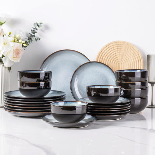 18 Piece Stoneware Dinner Set for 6 Ocean Blue Reactive Glaze Plates Bowls