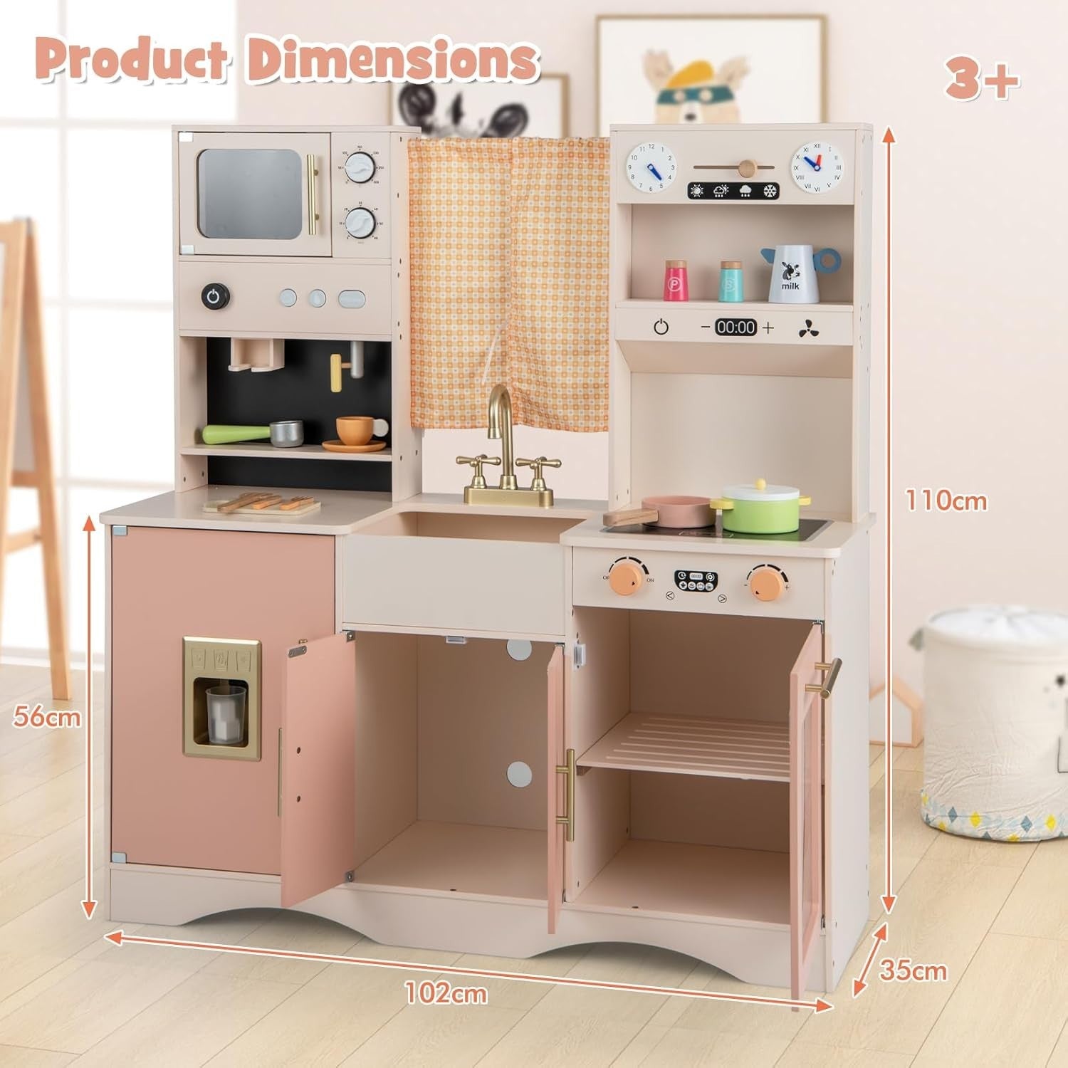 Retro Pink Wooden Play Kitchen Ice Maker Coffee Station Toy Set