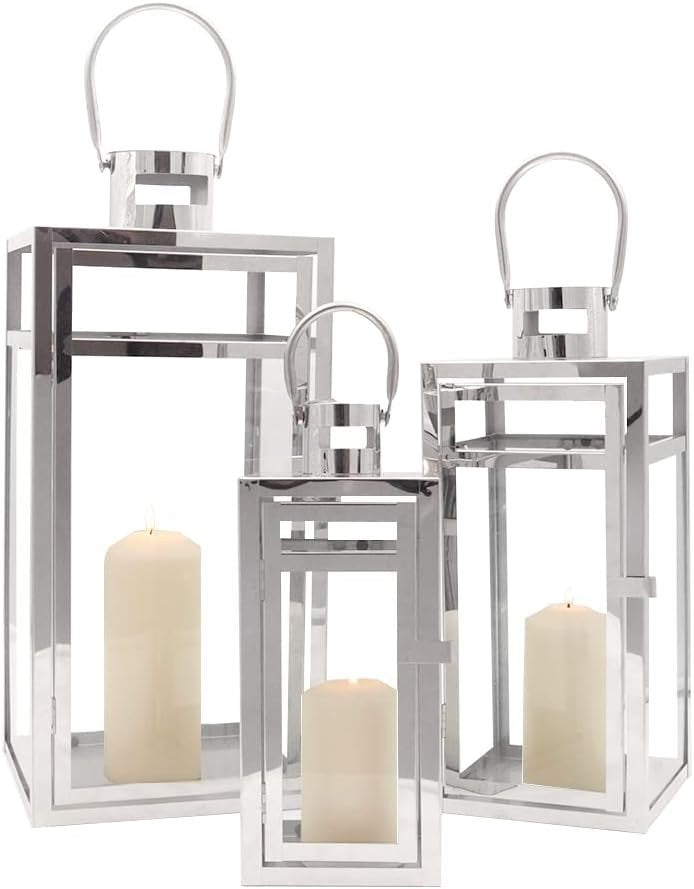 3 Pack Silver Stainless Steel Candle Lanterns Indoor Outdoor