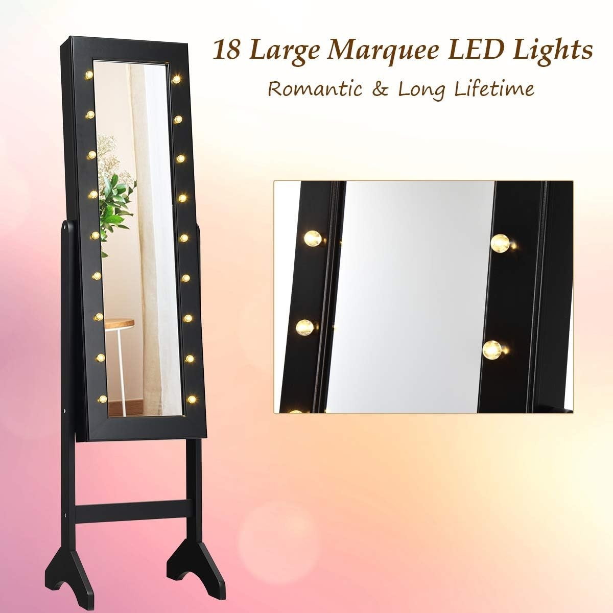 Black LED Full Length Mirror Jewelry Cabinet Lockable Freestanding Organizer