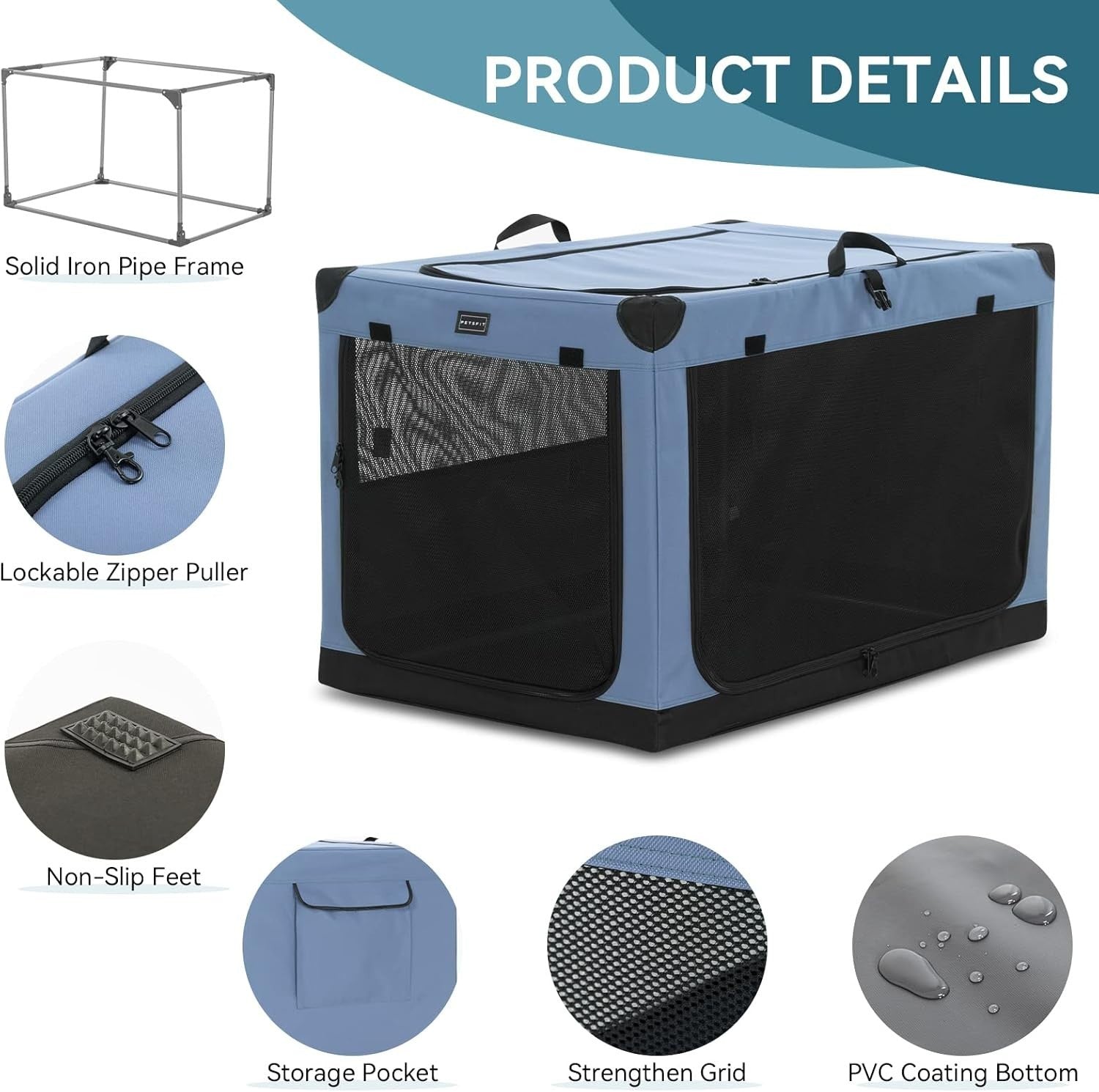 Foldable Large Soft Dog Crate Travel Pet Carrier Kennel 3-Door Fabric Cage 100cm