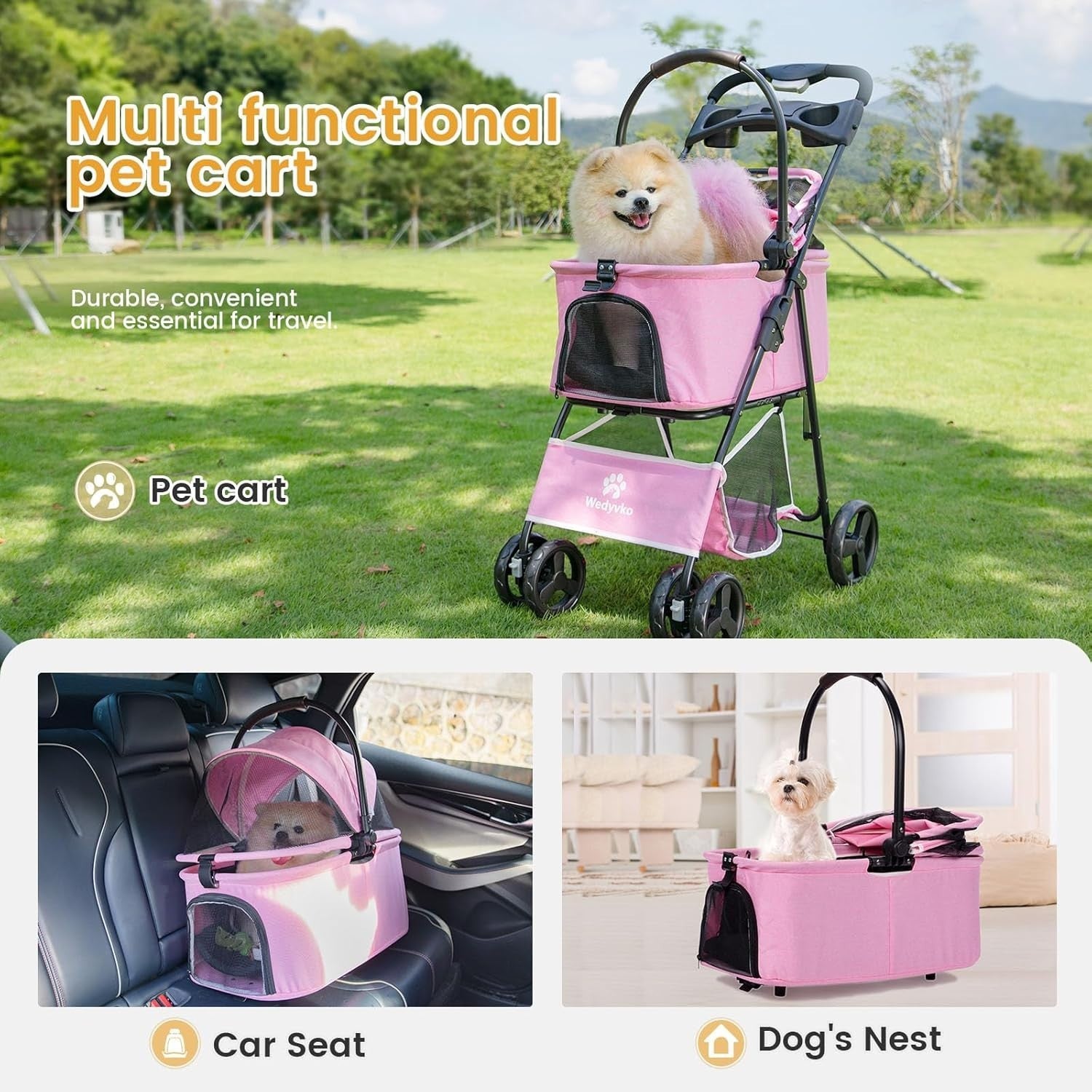 3in1 Pet Stroller Dog Pram Detachable Carrier Foldable 15kg
