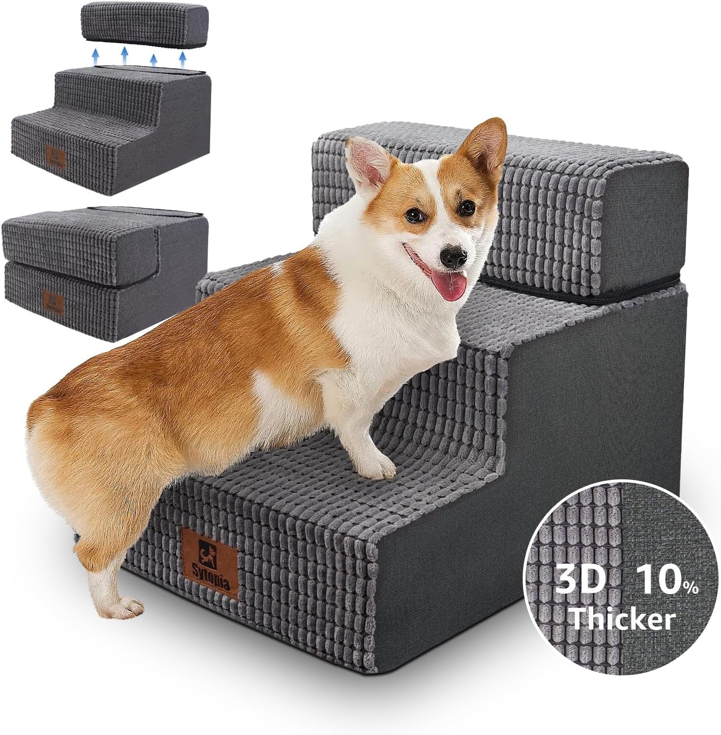 3 Step Dog Stairs Ramp for High Bed Non Slip Foldable Grey