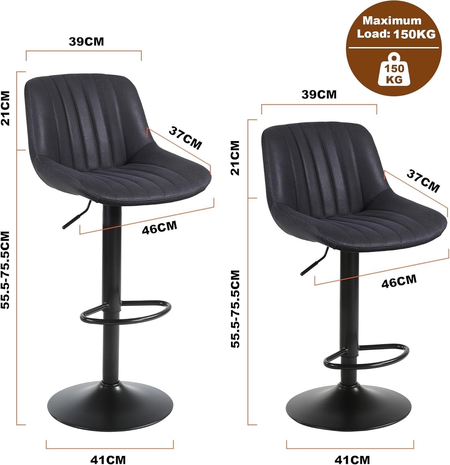 Adjustable Black Bar Stools Set of 2 Swivel PU Leather Chairs