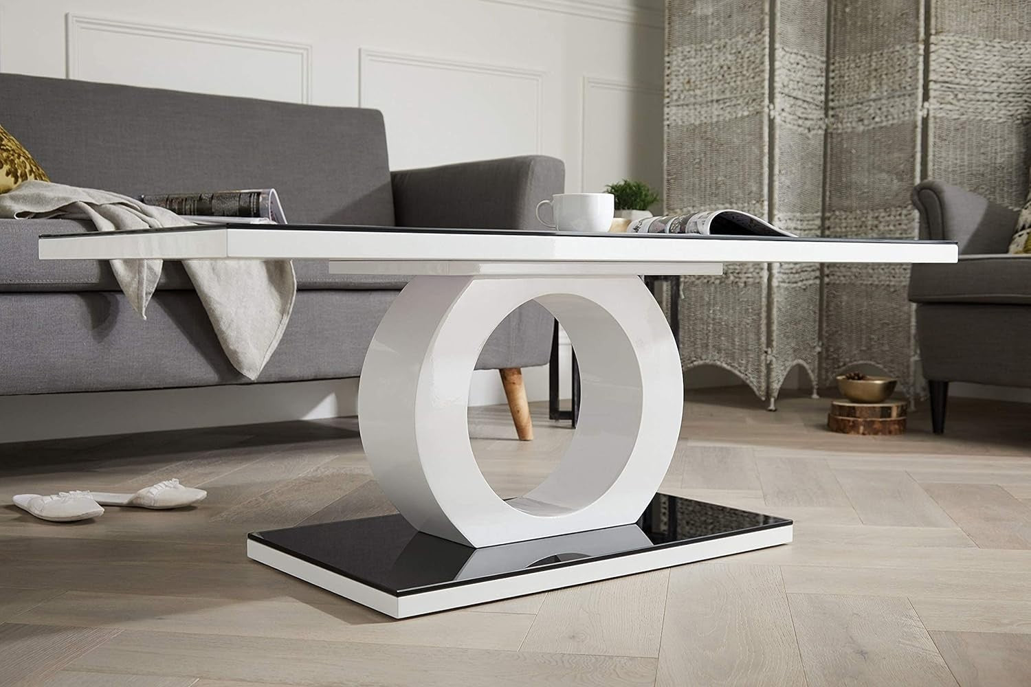 Modern Glossy Black & White Glass Coffee Table with Tempered Glass 120x60cm