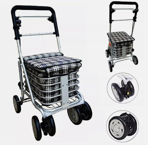 6-Wheel Foldable Sit & Go Shopping Trolley with Seat & Adjustable Handle