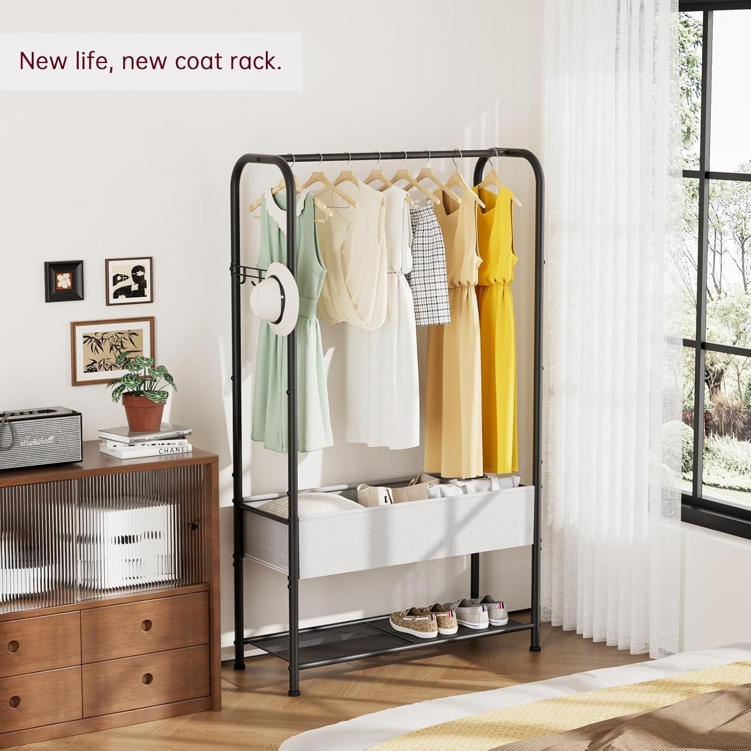 Heavy Duty Clothes Rail with Wheels & Shelf – Black 81×30×183cm