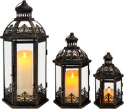 3-Pack Vintage Black Gold Metal Candle Lanterns