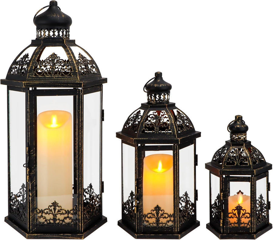 3-Pack Vintage Black Gold Metal Candle Lanterns