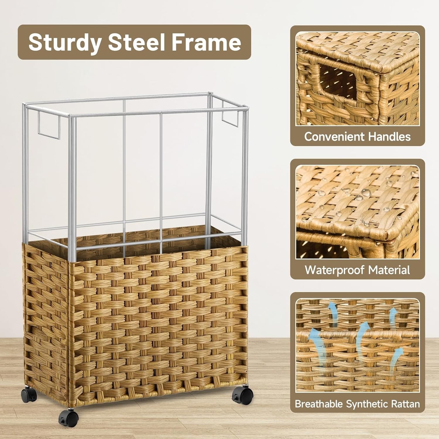 70L Rattan Laundry Hamper with Wheels 2 Removable Bags Slim Bedroom Basket