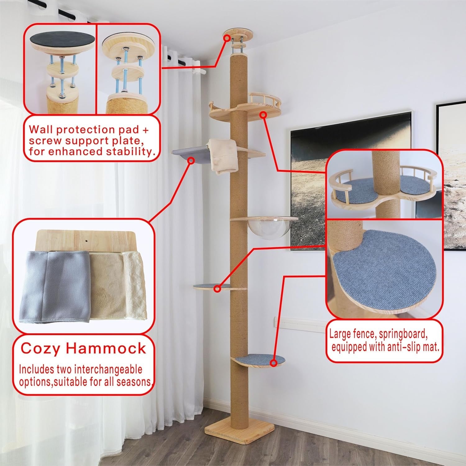 Floor to Ceiling Cat Tree Adjustable 50–120in Tower Sisal Scratching Post