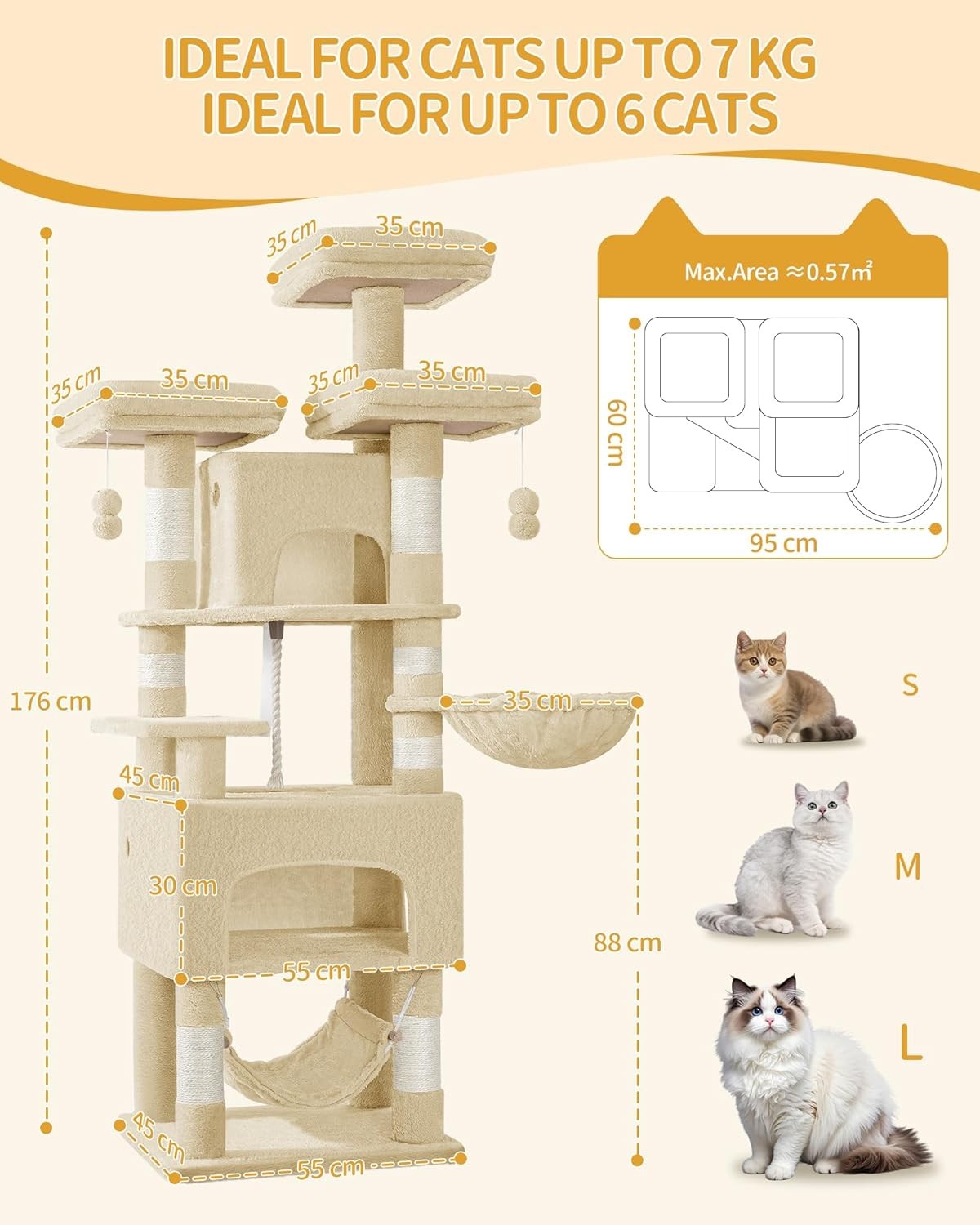 Large Cat Tree 176cm Multi-Level Tower with Caves Hammock Sisal Posts