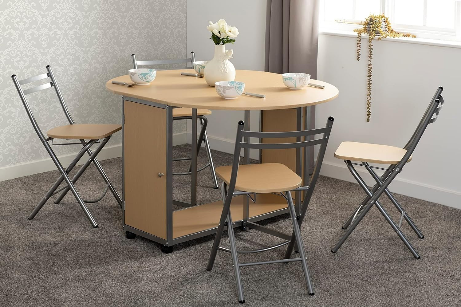Butterfly Folding Dining Set Beech Silver 4 Chairs Space Saving Table