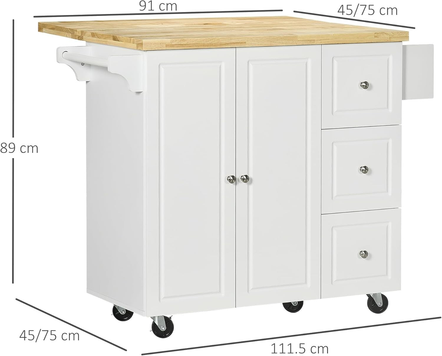 White Drop-Leaf Kitchen Island on Wheels with Drawers & Tiered Storage