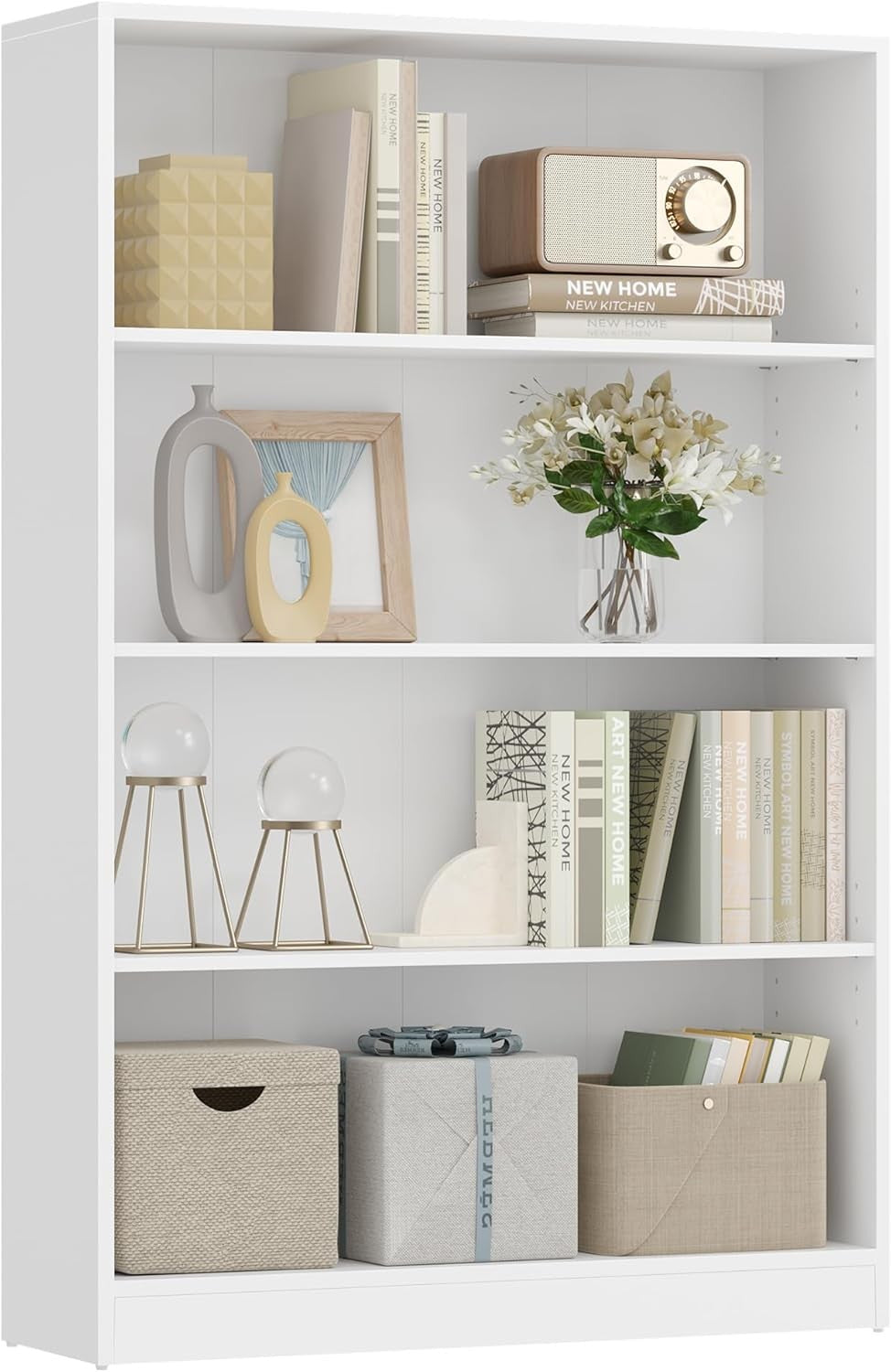 4-Tier White Bookcase 80cm Wide Adjustable Shelves Modern Storage Unit