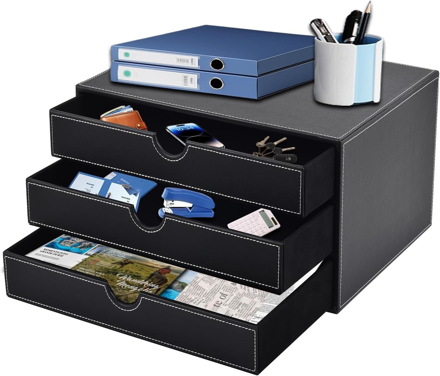 PU Leather Desk Organizer with 3 Drawers – Office & Home Storage Box