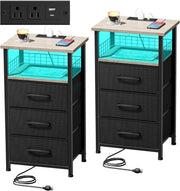 Modern LED Bedside Tables with 3 Drawers & USB Charging – Set of 2, Grey