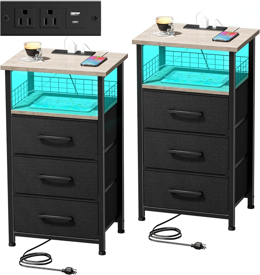 Modern LED Bedside Tables with 3 Drawers & USB Charging – Set of 2, Grey