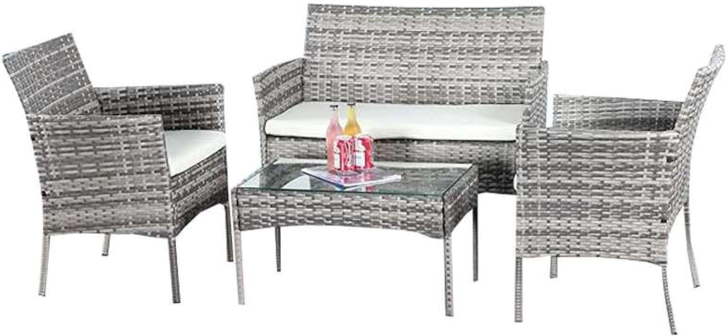 4-Piece Mix Grey Rattan Garden Patio Sofa Set with Tempered Glass Table