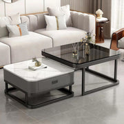 2-in-1 Nesting Coffee Table Set w/ Storage Drawer, Square Marble & Glass Top