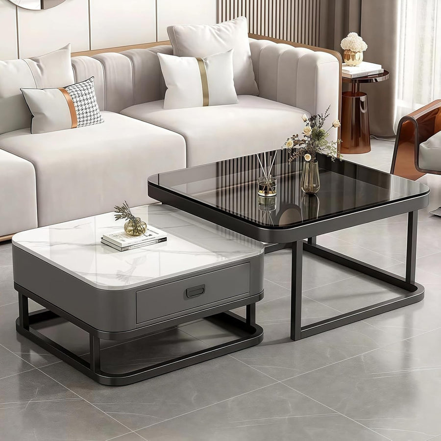 2-in-1 Nesting Coffee Table Set w/ Storage Drawer, Square Marble & Glass Top