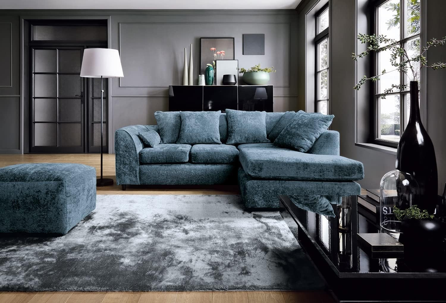 Dark Blue Chenille Corner Sofa Right – Modern L Shape Couch for Living Room