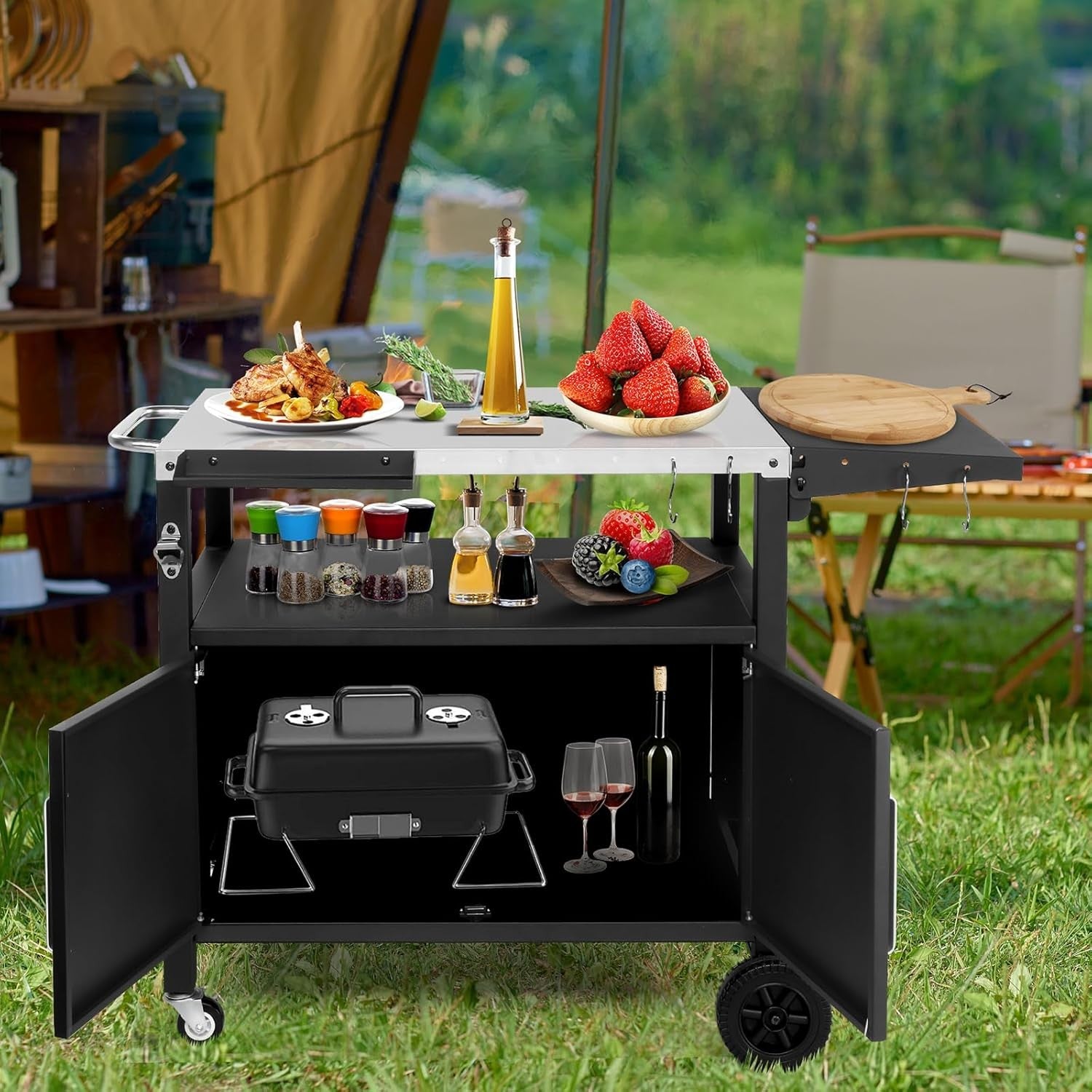 Outdoor Grill Cart BBQ Trolley Stainless Steel Top Cabinet Wheels Prep Table