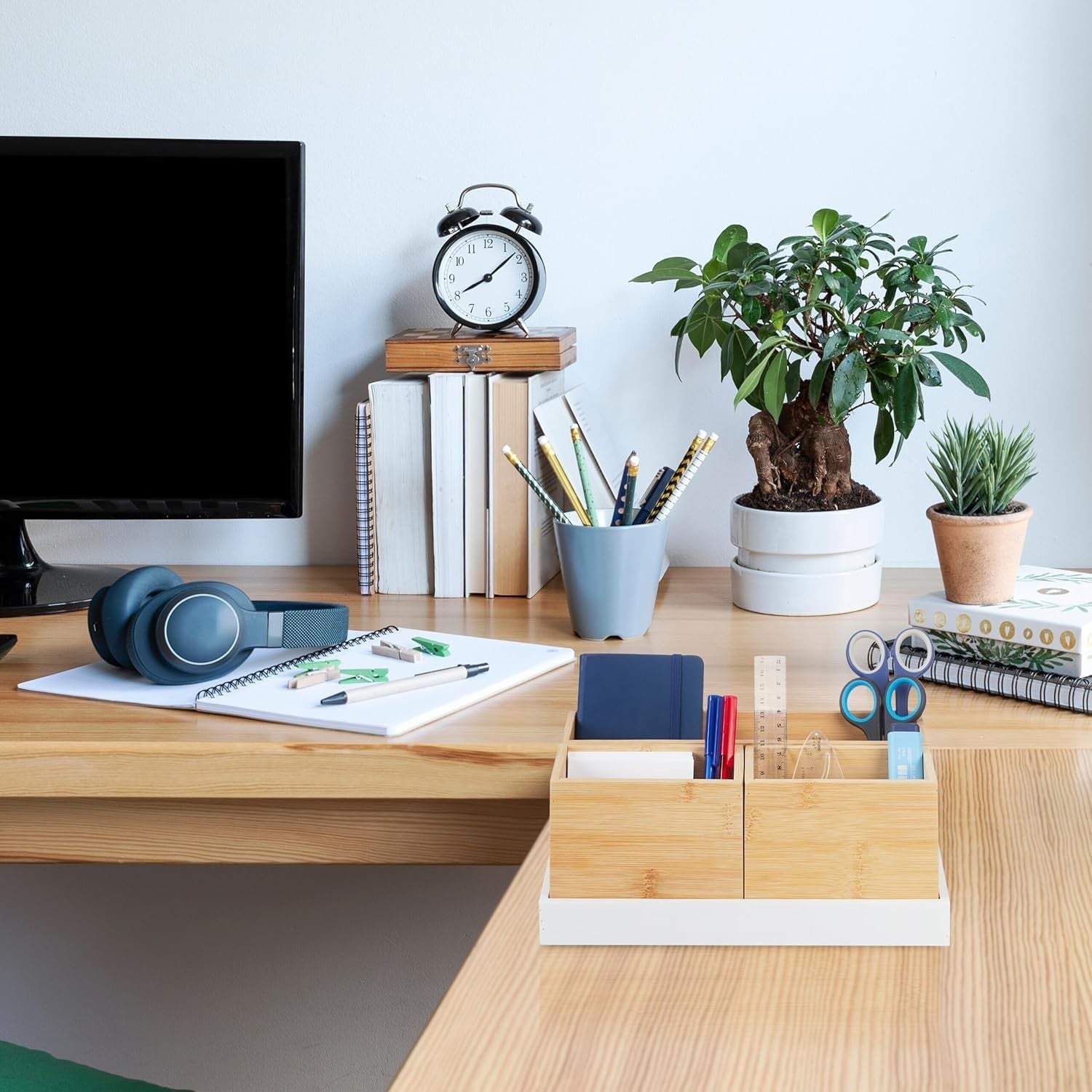 Bamboo Desk Organiser 4-Piece Set – Office, Makeup & Storage Tray