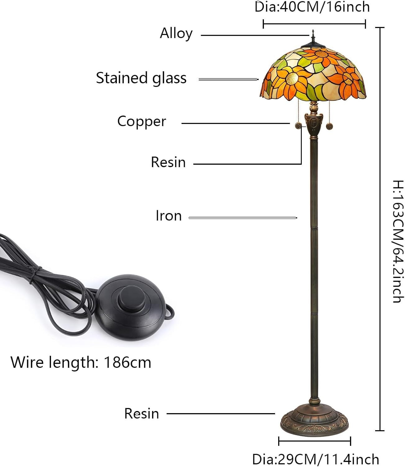 Sunflower Stained Glass Floor Lamp with Foot Switch & Vintage Bronze Base