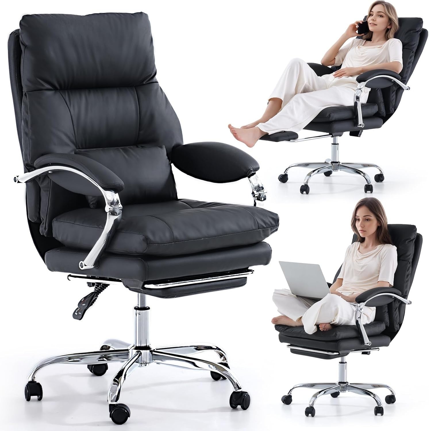 Office Chair Recliner Executive PU Leather Ergonomic Desk Gaming Footrest Black