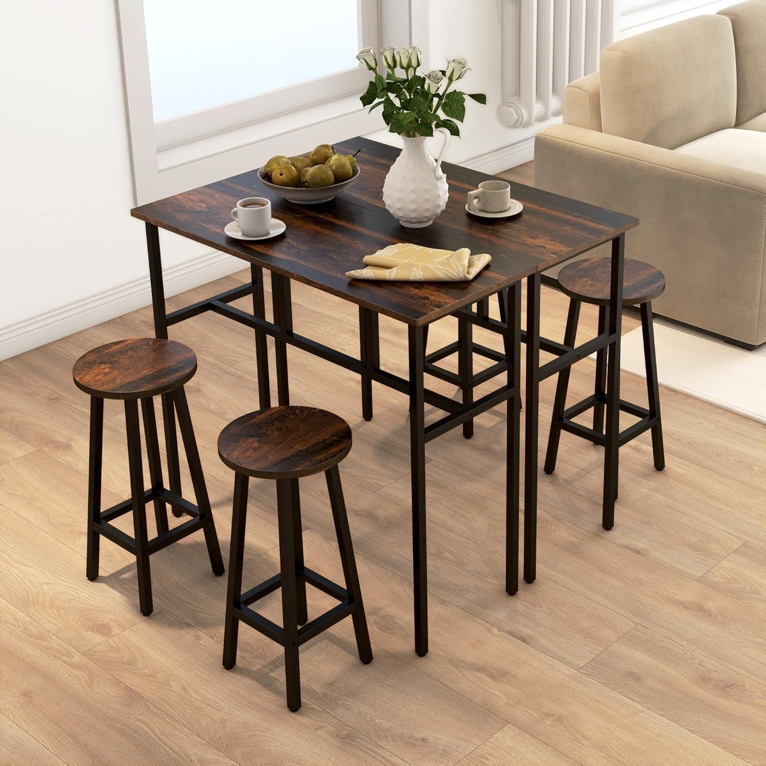 6-Piece Bar Table Set 2 High Tables & 4 Stools, Rustic Brown Space-Saving Dining
