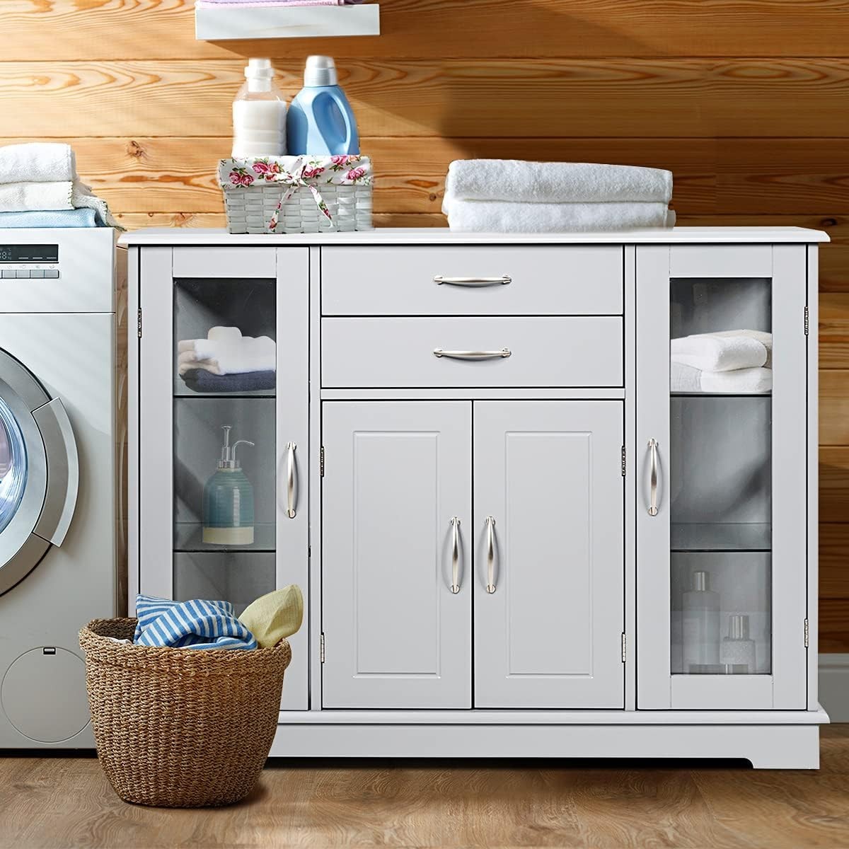 Grey Sideboard Buffet Cabinet Glass Doors Storage Unit with Drawers