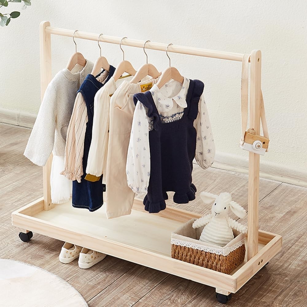 Wooden Kids Clothes Rack Toddler Dress Up Stand Natural
