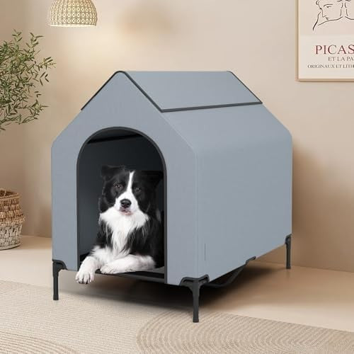 Outdoor Elevated Dog House with Canopy, 2 Top Windows & Breathable Bed