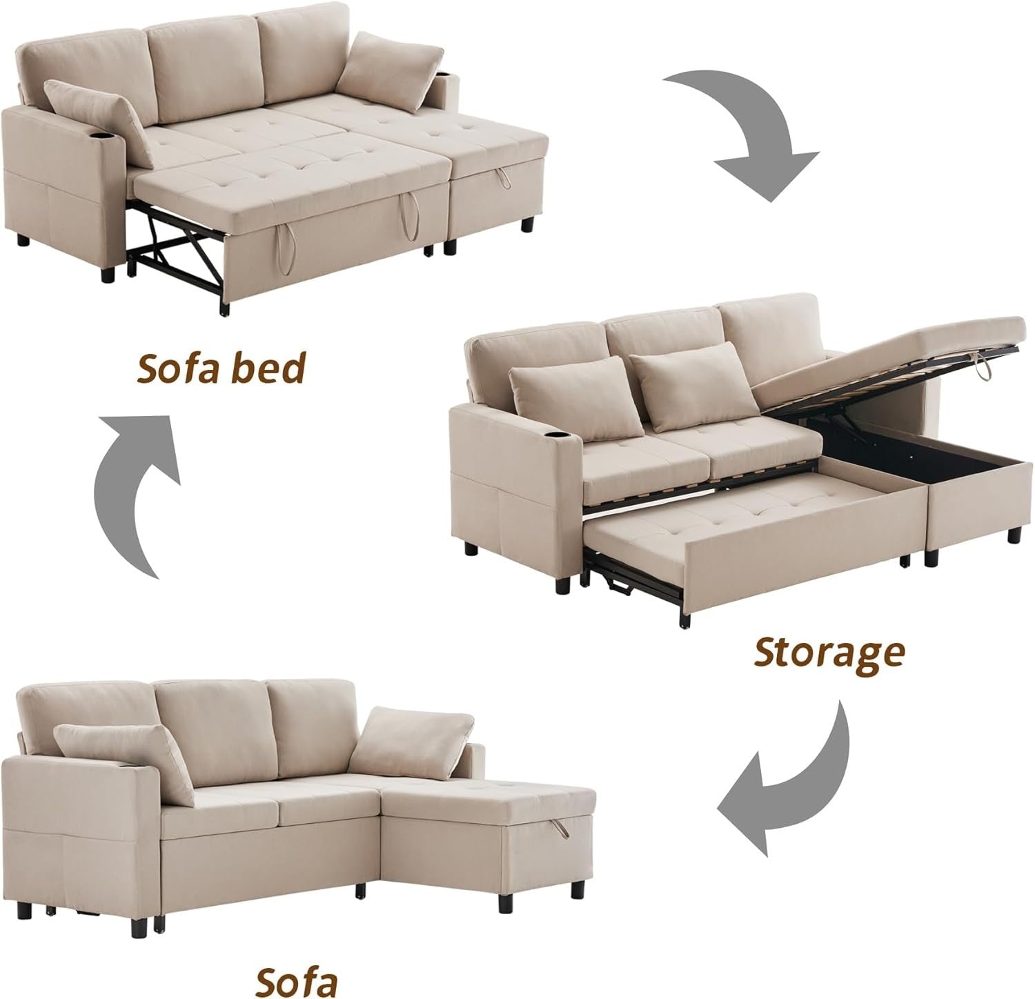 L Shape Sofa Bed w/Storage Pull Out Sleeper Cup Holders Beige 3 Seater