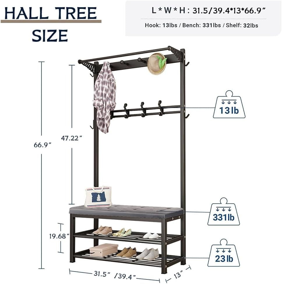 Industrial Hall Tree Coat Rack with Bench | Shoe Storage Shelf 100cm Black