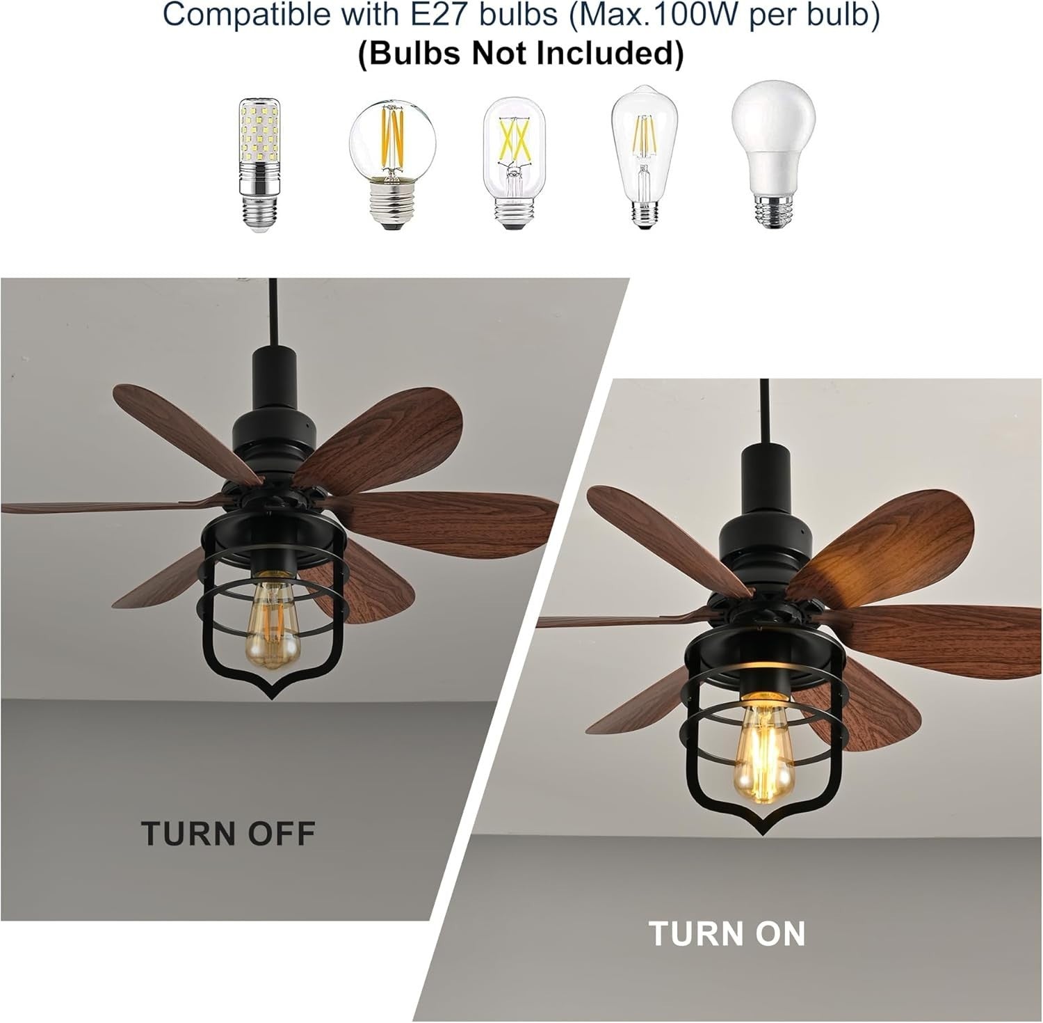 Ceiling Fan Light with Remote, 3 Speeds, Industrial Style, Black E27 Lamp