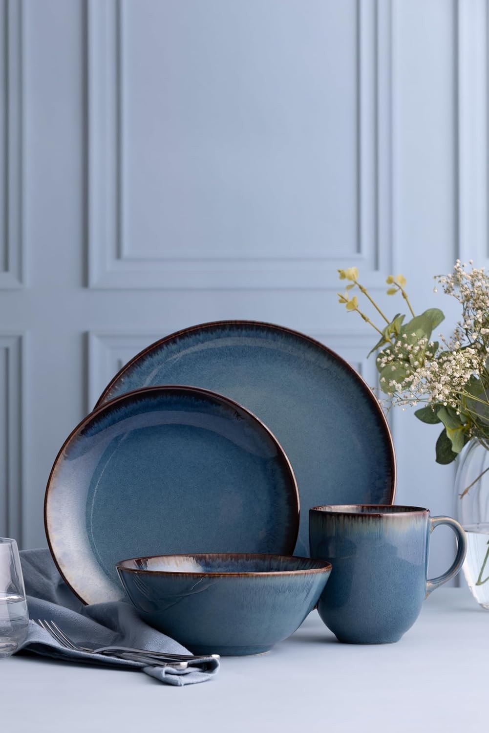 12pc Stoneware Dinner Set Blue Reactive Glaze Plates Bowls Dishwasher Safe