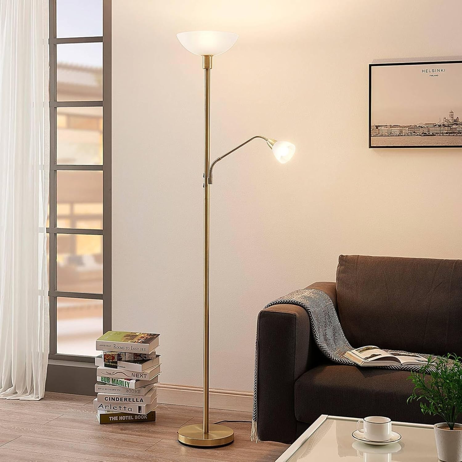 Gold Uplighter Floor Lamp with Reading Arm Matt Brass Frosted Glass