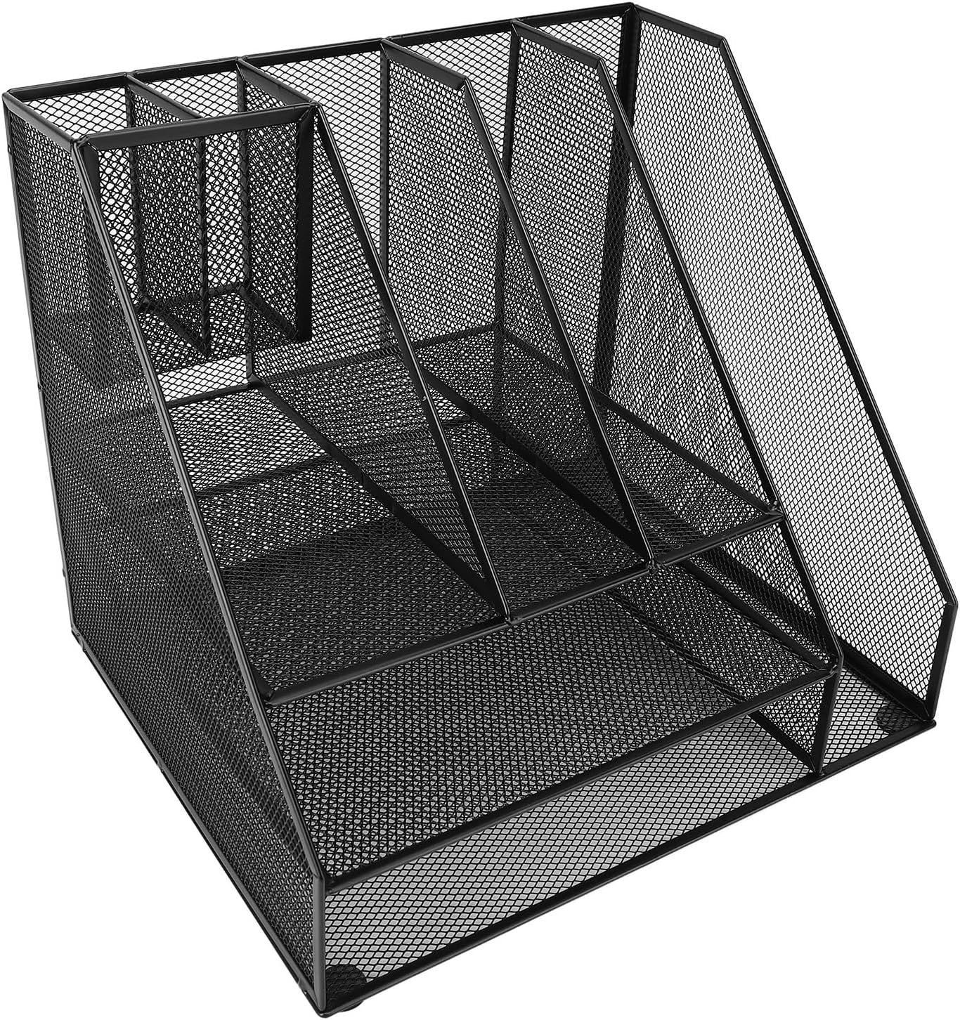 3-Tier Desk Organizer with Pen Holders & File Rack – Metal Mesh Storage